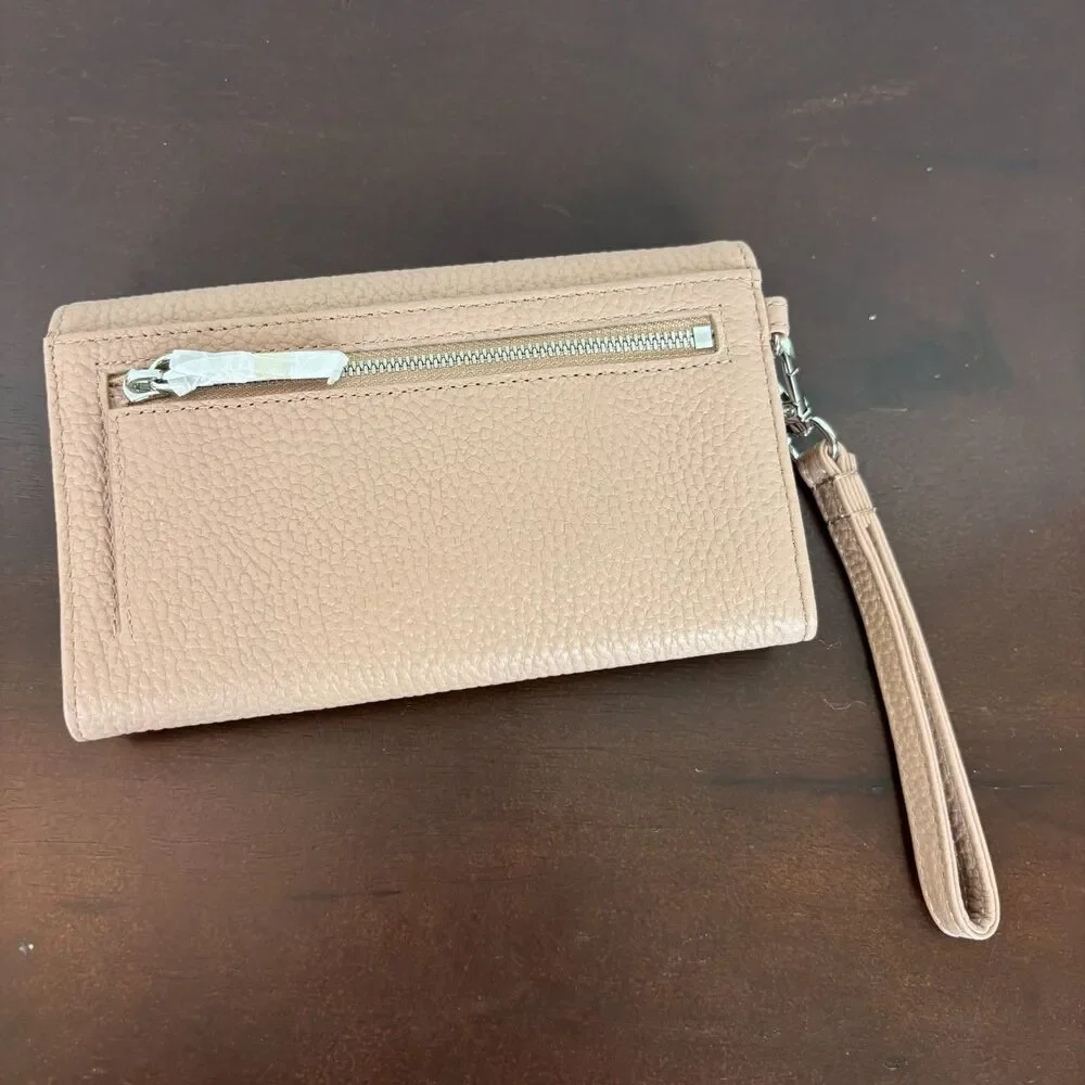 NWT Ted Baker Pebbled Taupe Tan Textured French Purse Leather Wallet Wristlet
